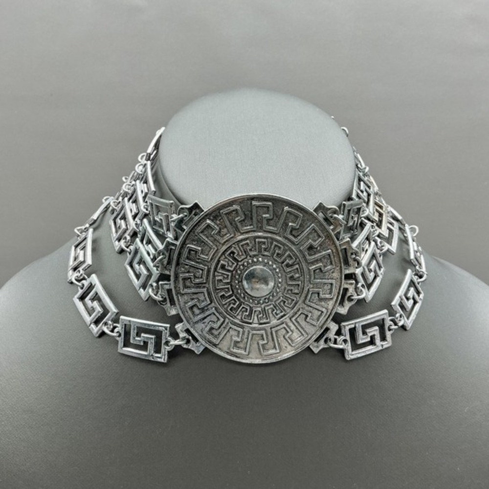 Versace For H&M Necklace Silver Greek Key Medallion Collar Statement Jewelry